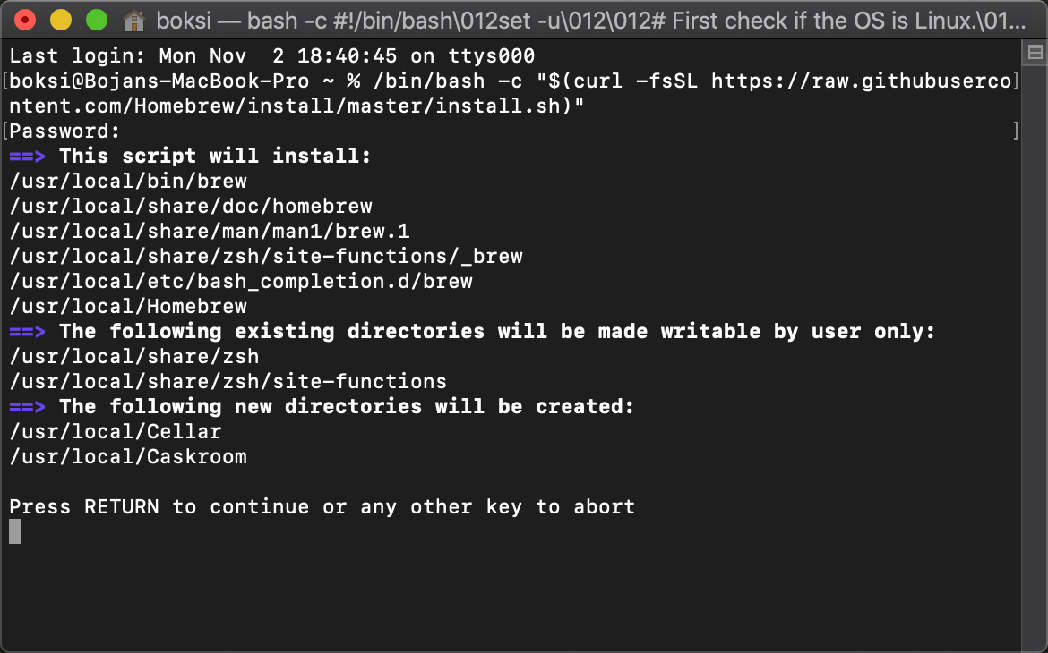 Installation of Homebrew in a macOS Terminal