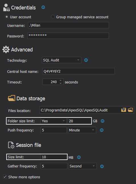 Maximum size for audit session files and storage 
