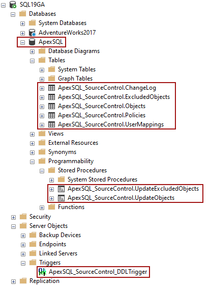 SQL Server framework objects for the shared database in ApexSQL Source Control 2019