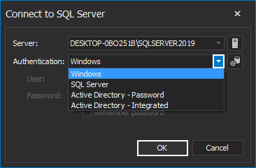 Choose SQL instance authentication in SQL index tool