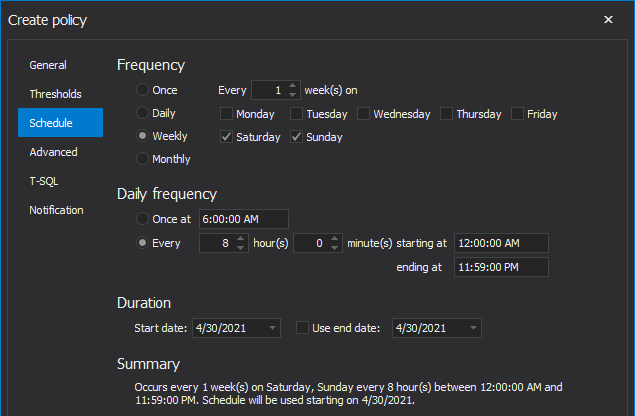 Schedule policy to run weekly in SQL index tool