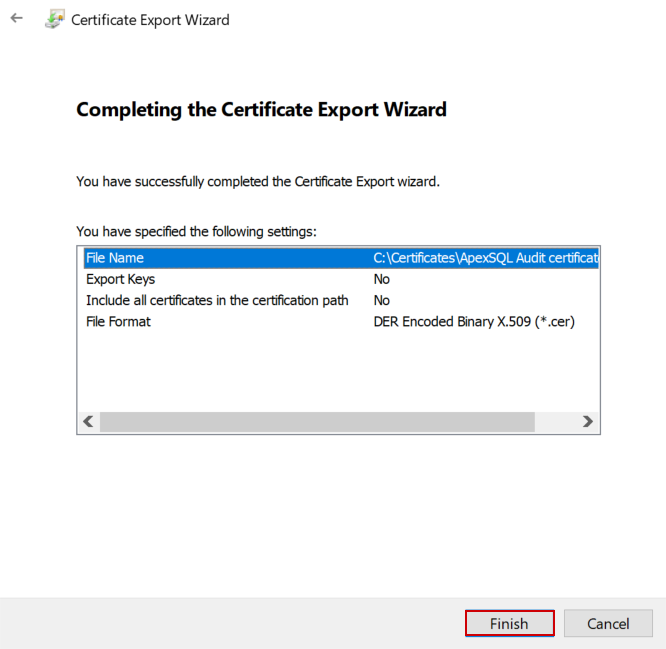 Confirm the certificate export