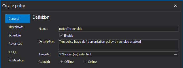 Policy naming in the SQL index tool