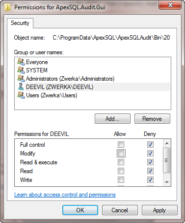 Permissions for ApexSQL Audit GUI
