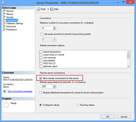 Server Properties dialog - Connections tab - checking the Allow remote connections to this server option