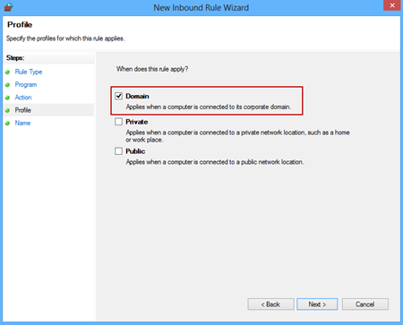 New Inbound Rule wizard - Profile dialog