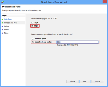 Adding a firewall exception for the 1434 port and UDP in the Inbound Rules