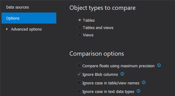 Project options tab - Specifying comparison and synchronization options
