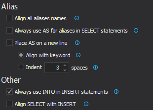 SQL Formatting options for Aliases and Other in the Data statements tab