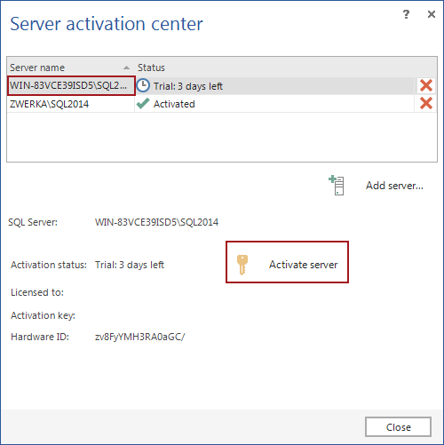 Server activation center dialog