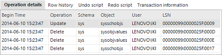 Operation details pane - showing additional SQL transactions on system objects