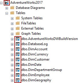 Icons for linked database and objects in the Object Explorer pane