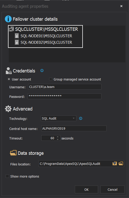 SQL Server cluster auditing agent properties