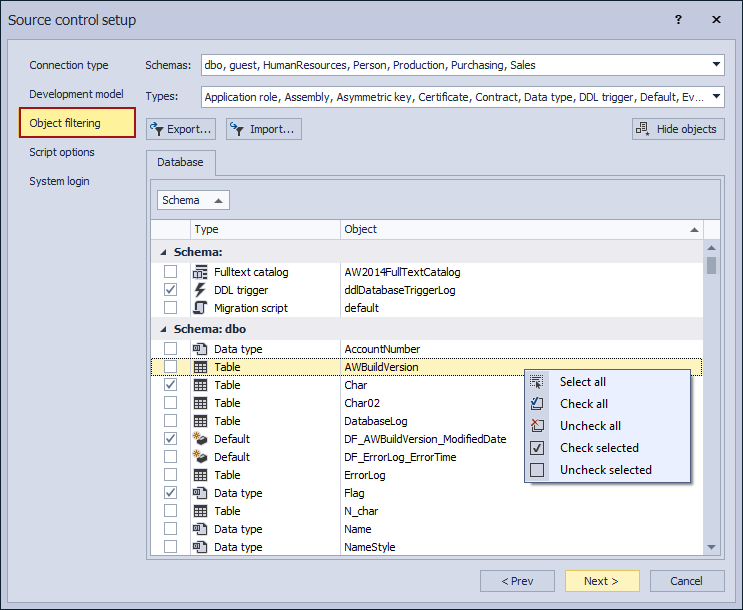 The Object filtering tab in the Source control setup window