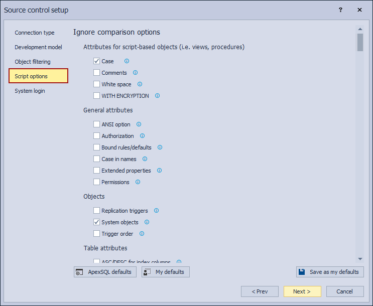 The Script tab in the Source control setup window