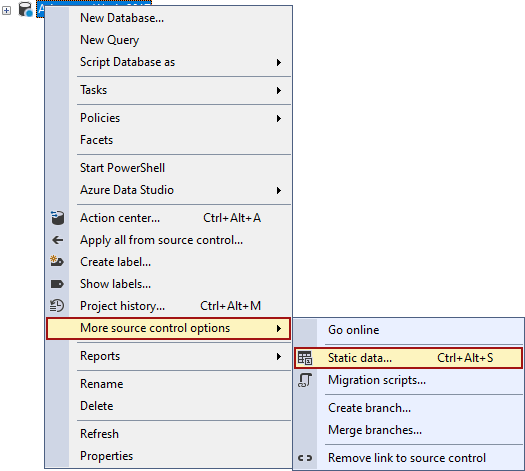 Database right-click context menu data command