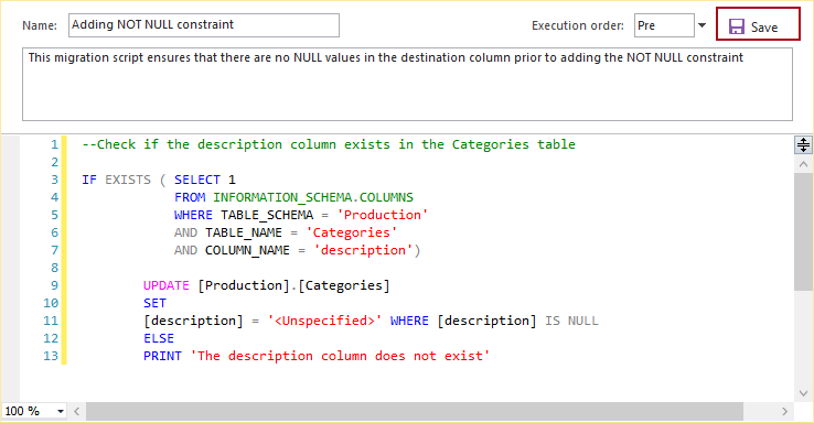 how to add not null constraint a column using migration script statement of managements responsibility for financial statements just energy