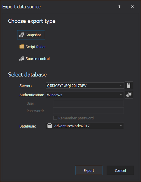 ApexSQL Diff showing Export data source window with 3 different export types