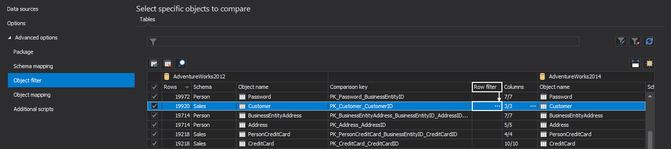 Benefits of using the Row filter in SQL database comparison