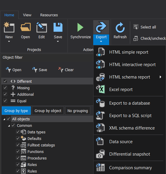 ApexSQL Diff and ApexSQL Diff for MySQL different export type including database simple HTML report