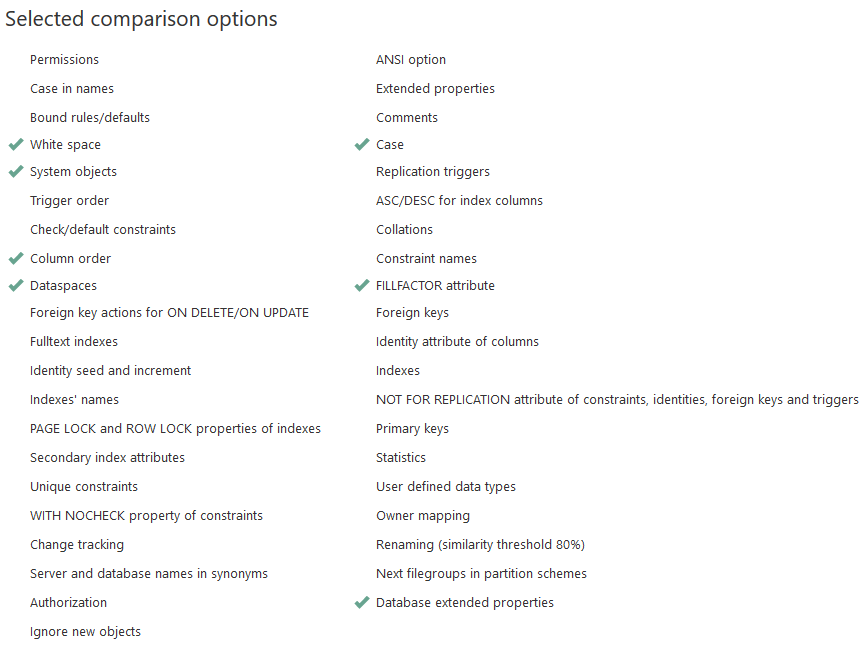 ApexSQL Diff selected comparison options