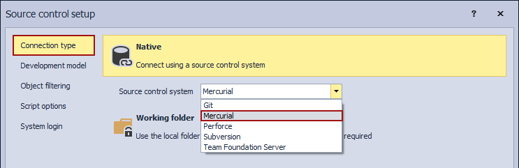 The Connection tab in the Source control setup window when linking a database to Mercurial repository
