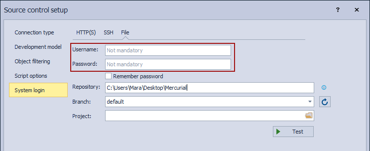 The System login tab when linking a database to a local Mercurial repository - the username and password