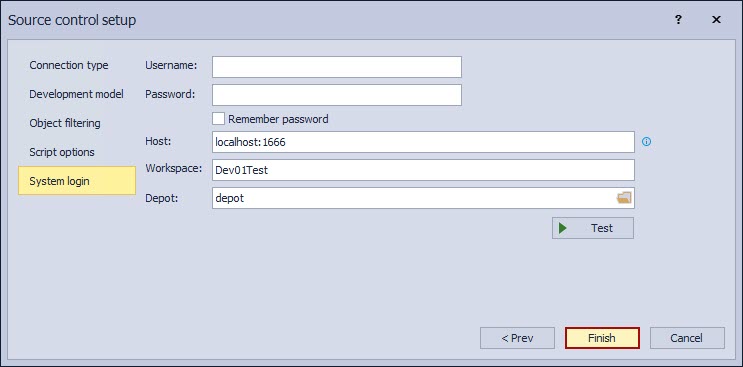 The System login tab in the Source control setup window