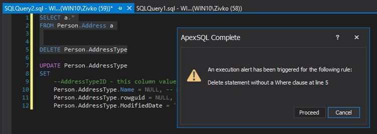 Execution alert feature analyze selected code 