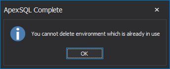 Selected environment is currently assigned to a server or database connection info message