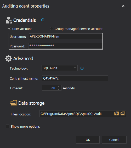 Configuring SQL auditing agent properties