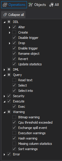 SQL auditing operations filtering