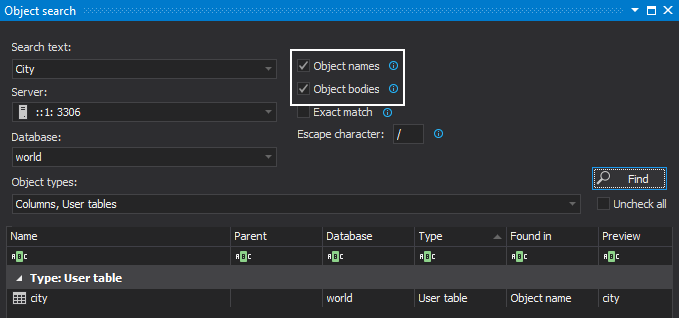 Additional options for search MySQL objects