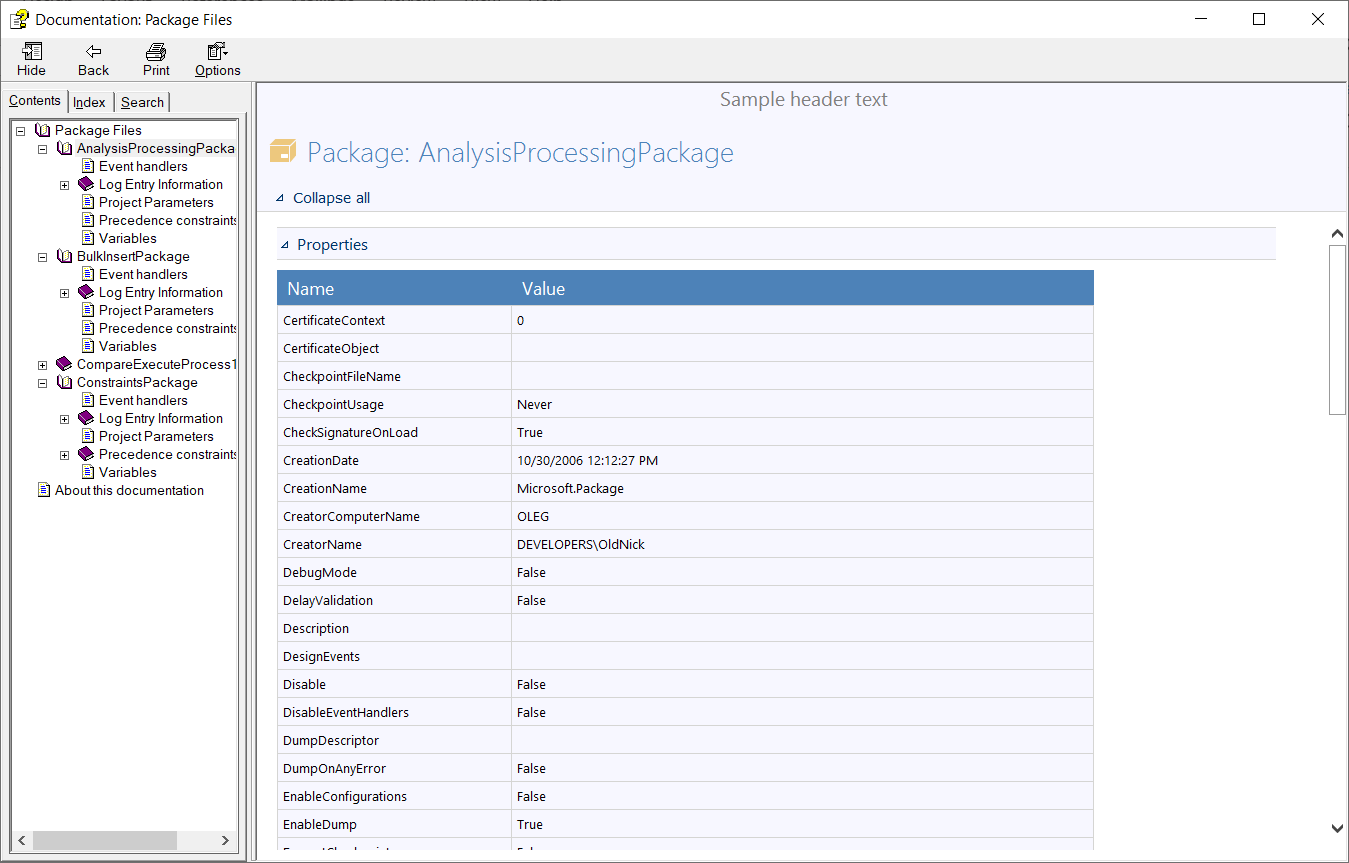 An example of how documentation of SSIS packages looks using SQL database documentation