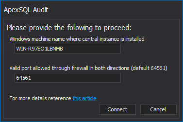 ApexSQL Audit Central Repository connection configuration