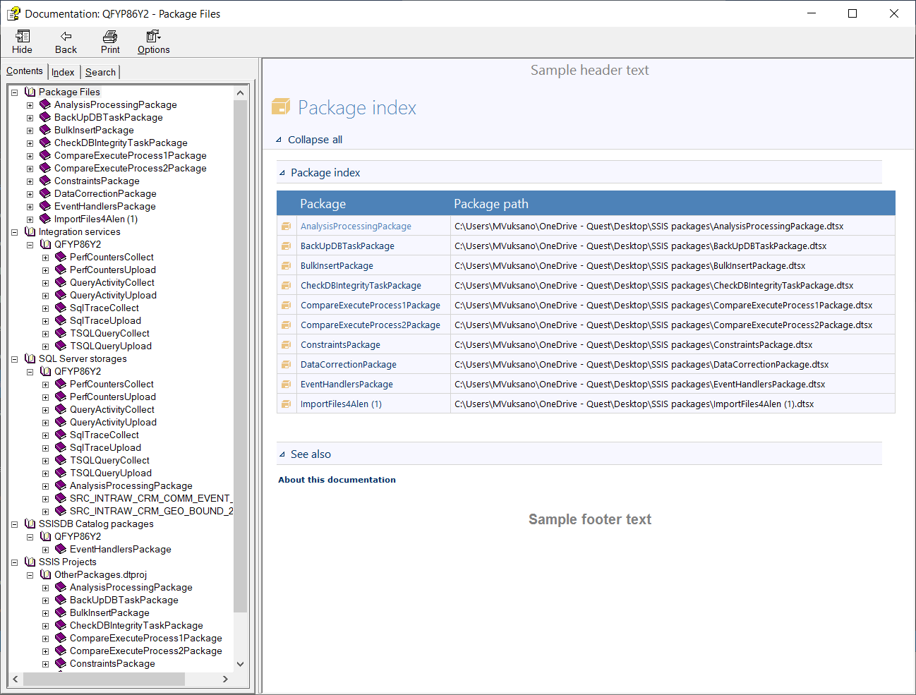 Example of SSIS documentation,  generated by ApexSQL Doc