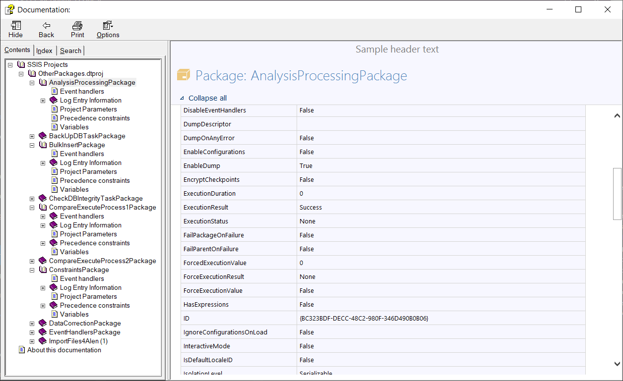 Example of the generated documentation of the SSIS project files using SQL documenting tool