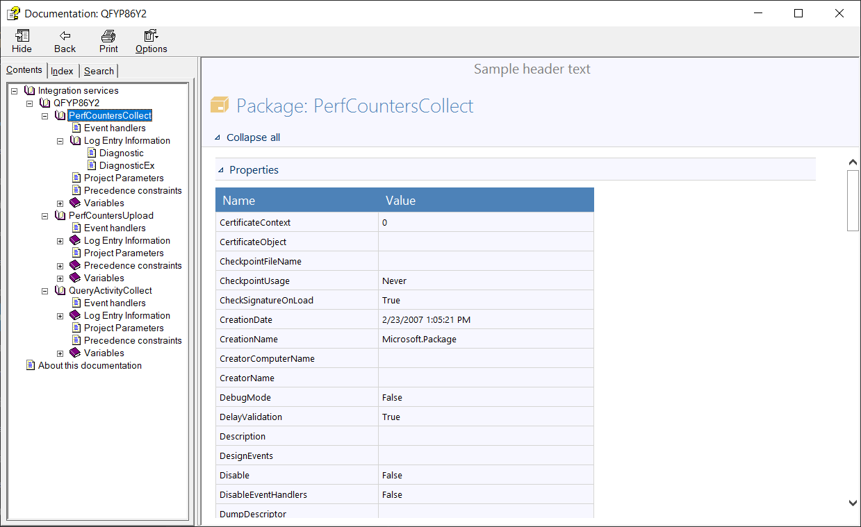 SSIS packages documentation 