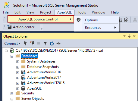 ApexSQL Source Control SQL Server Management Studio main menu