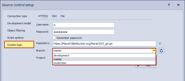 Choosing branches under the System login tab in the Source control setup window