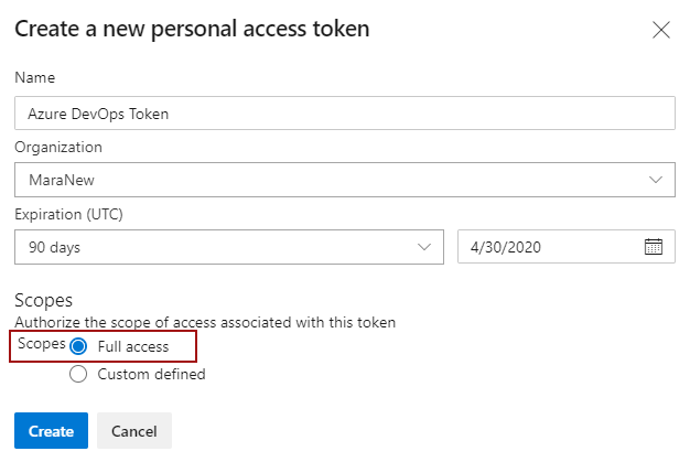 Choosing the Full access option in the Create a new personal access token window