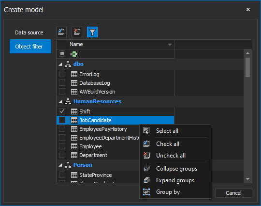 Create model window shows database objects