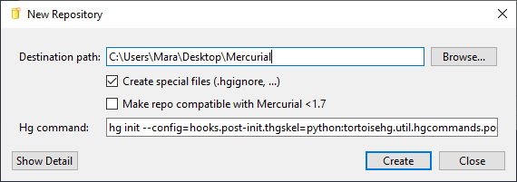 Creating local Mercurial repository using TortoiseHG - New repository window