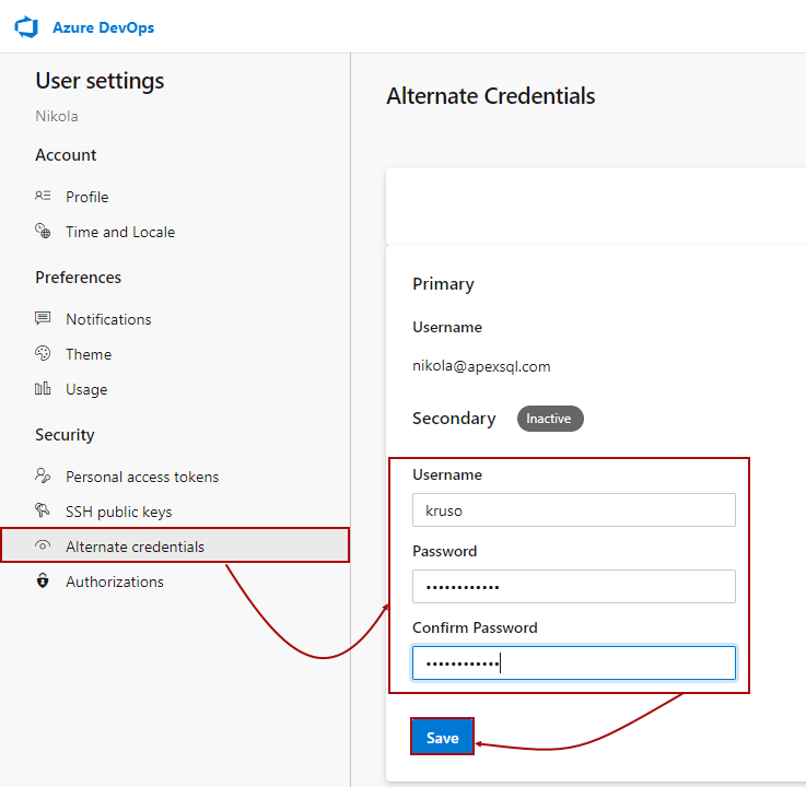 Creating the alternate credentials for the Azure DevOps Services account