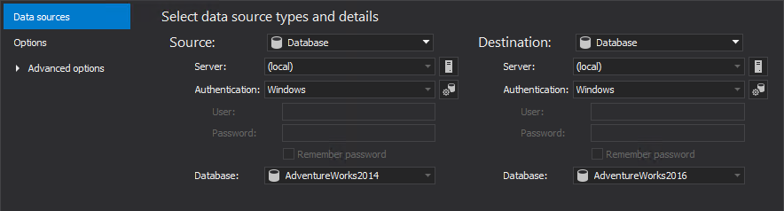Data sources tab in the New project window for setting up data sources for SQL data synchronization