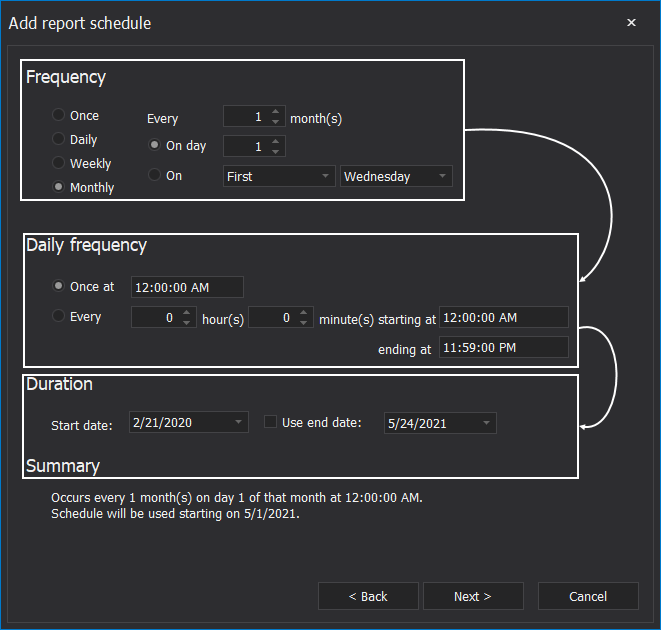 Scheduled report frequency configuration