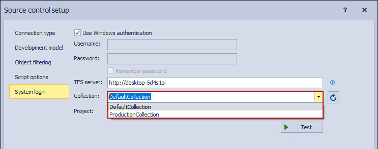 Specifying the collection under the System login tab in the Source control setup window when linking a database to  the TFS (Azure DevOps Server) repository