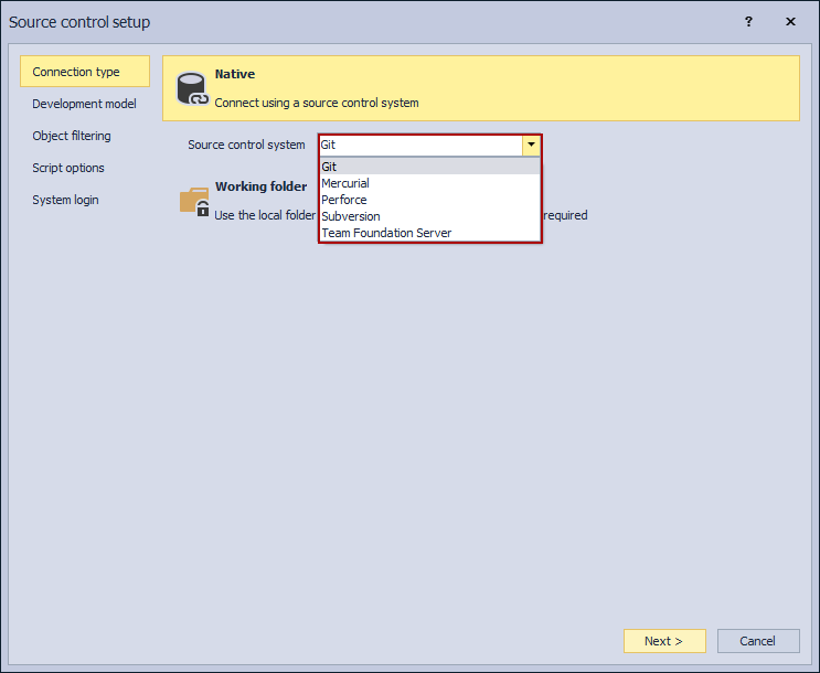 Supported source control systems under the Connection tab in the Source control setup window