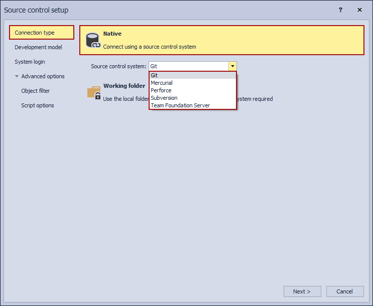 Supported source control systems under the Connection tab in the Source control setup window