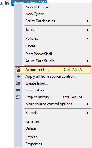 The Action center command in the Object Explorer pane